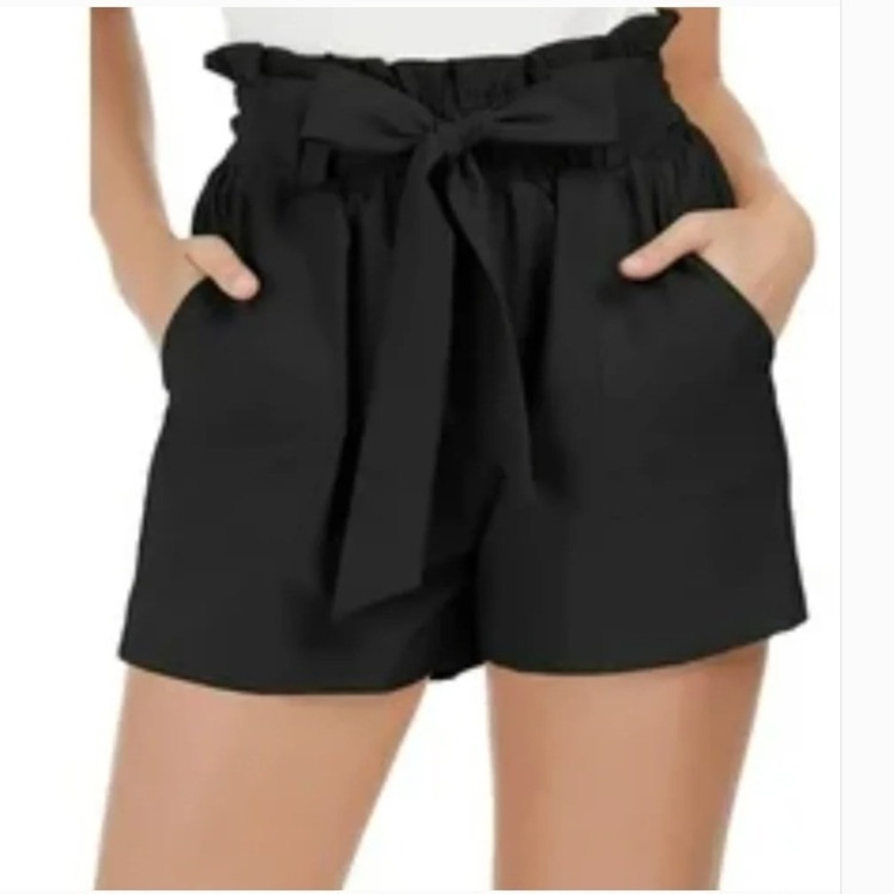 Lush Women's Size XS High Paper Bag Waist Shorts Black Dressy Tie Waist Pockets